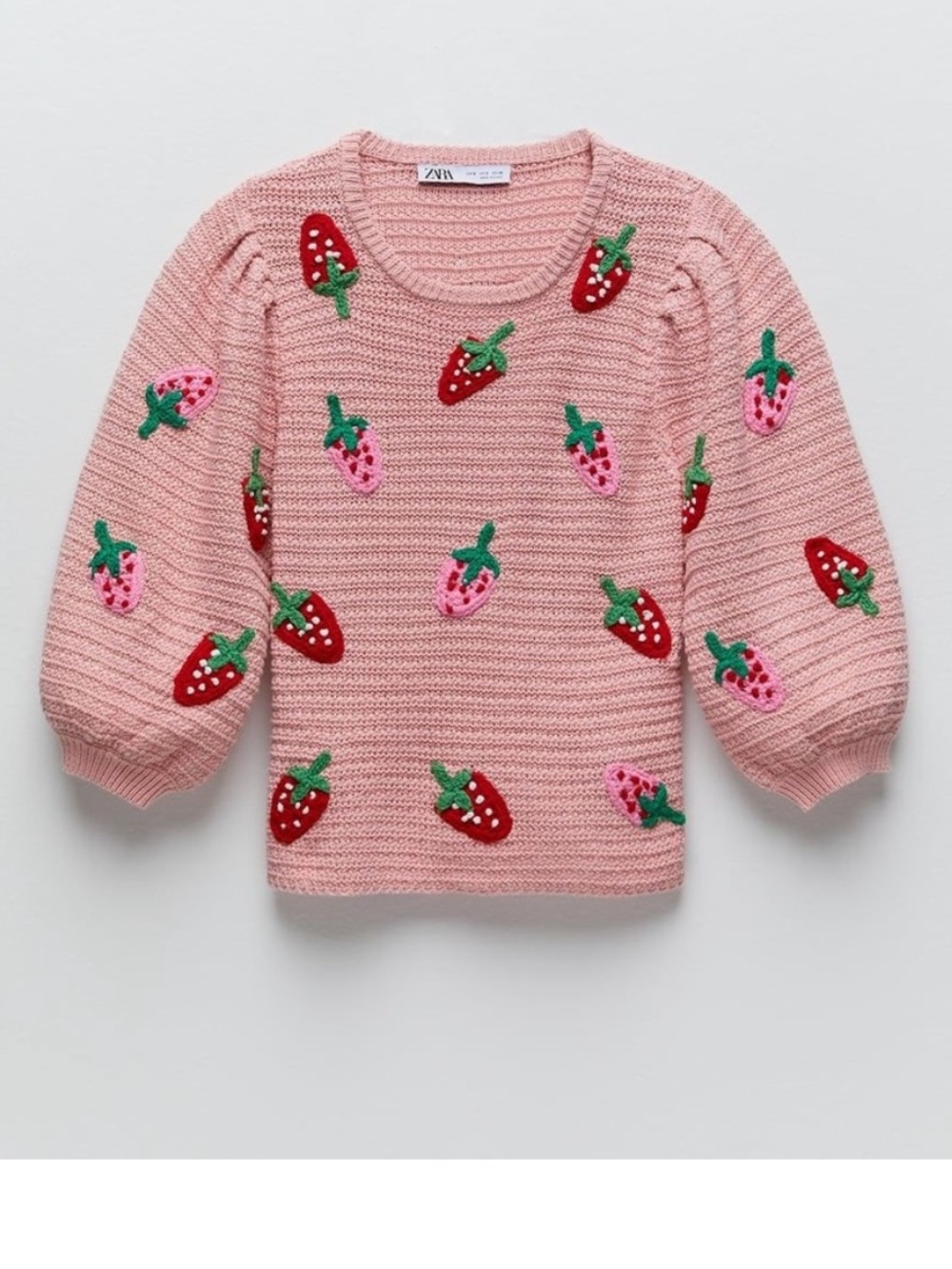 ZARA Pink & Red 3D Strawberry Fruit Crochet Cotton Knit Short Sleeve Sweater Top
